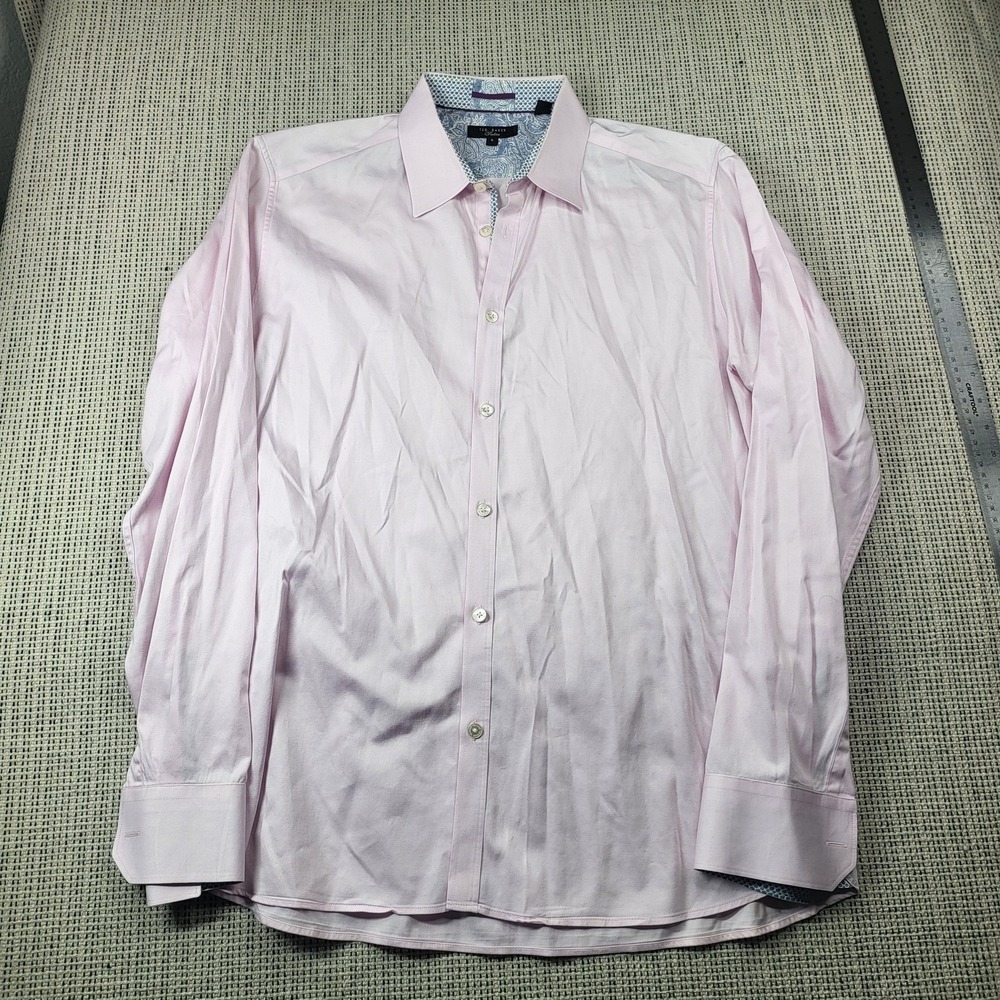 Ted Baker Dress‎ Shirt Mens XL Pink Solid Regular Fit Long Sleeve Business